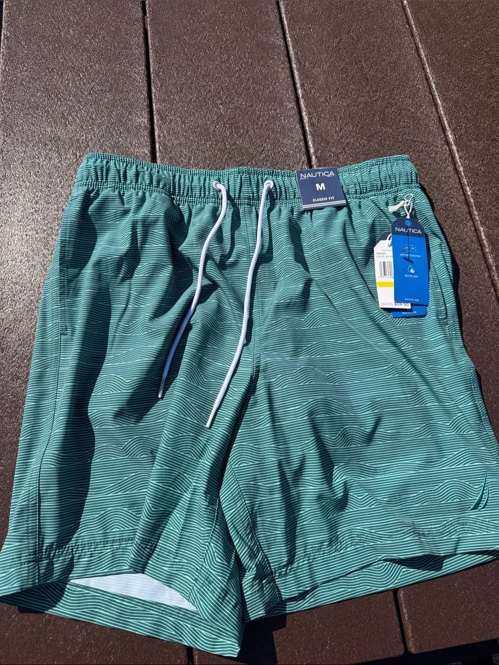 Nautica Men’s Teal Striped Swim Trunks with White Drawcord